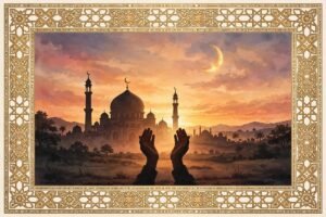 The power of dua in Islam — hands raised in supplication before a mosque at sunset