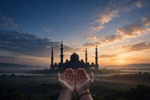 Etiquette of making dua in Islam — hands raised in supplication before a mosque at dawn