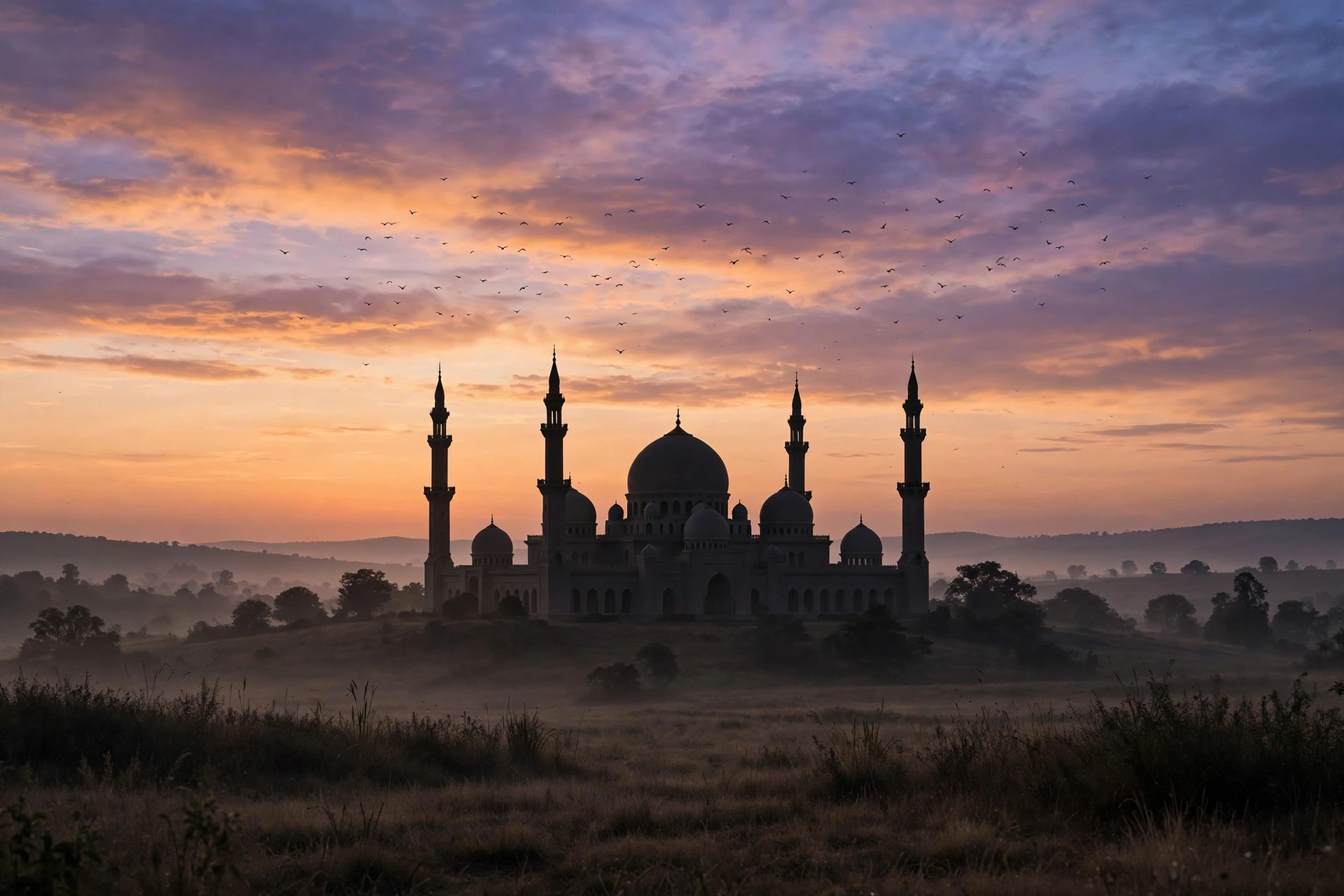 Mosque silhouette at dawn illustrating love and respect for the Sahaba Kiram