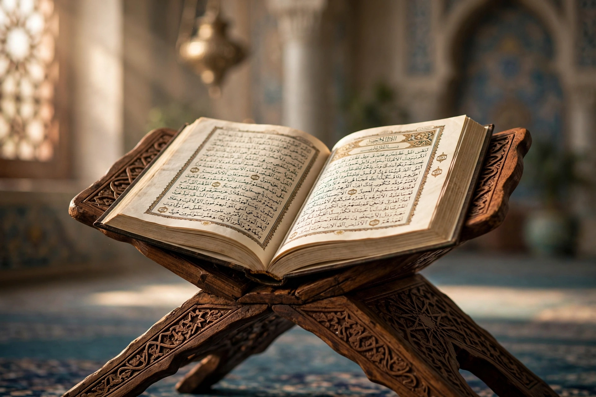 An open Quran on a wooden rehal symbolizing the six pillars of iman in Sunni belief